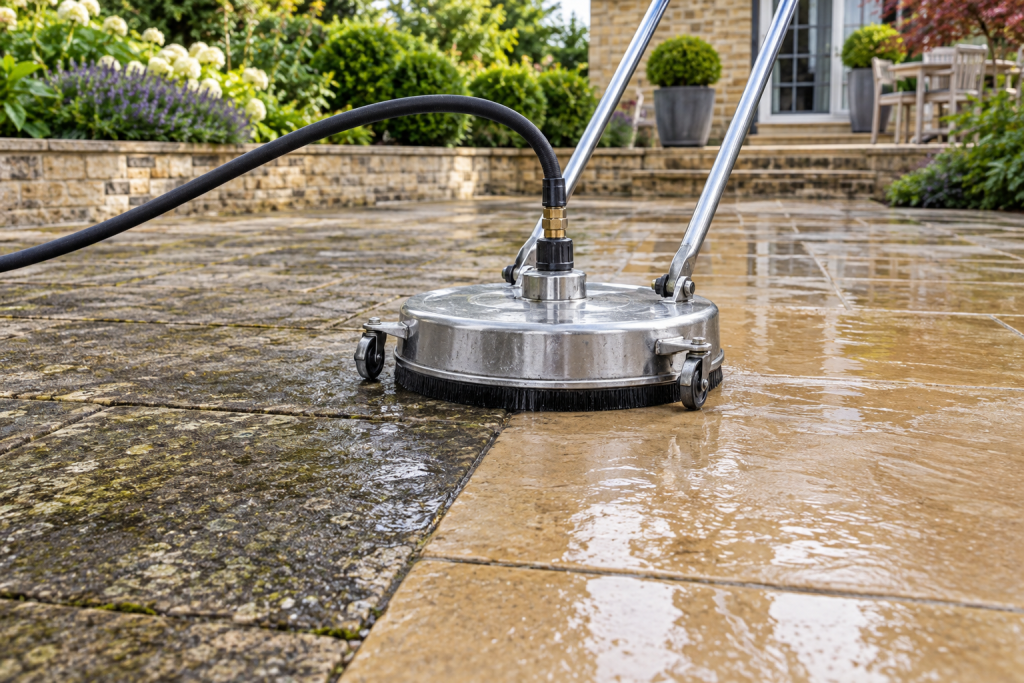 Circular pressure washing surface cleaner on a stone patio showing weathered slabs beside freshly cleaned wet paving.