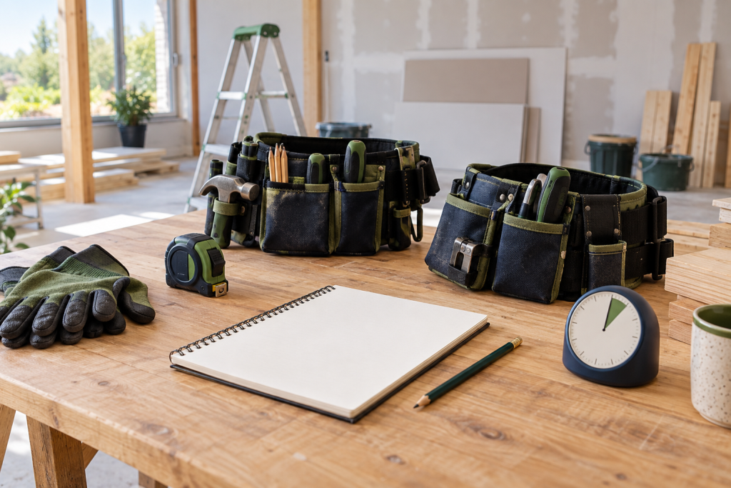 Two neatly arranged tool belts, gloves, a blank planning notebook and timer on a workbench in a home renovation space.