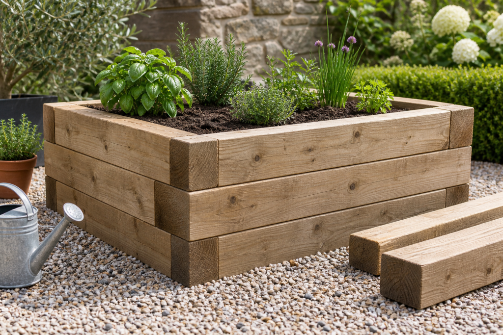 Rectangular timber sleeper raised bed filled with soil and herbs, with spare sleepers beside it in a garden.