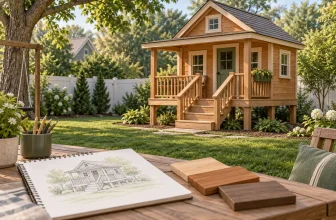 Concept illustration of a freestanding raised playhouse with planning sketches and wood samples