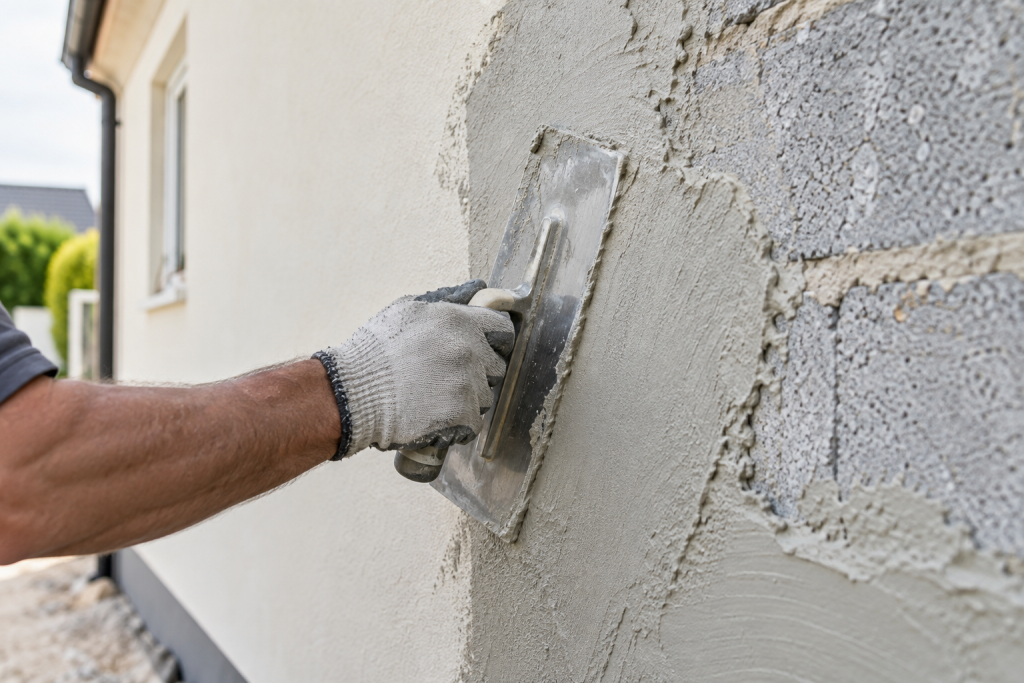 A gloved tradesperson using a steel trowel to apply pale render to an exterior masonry wall.