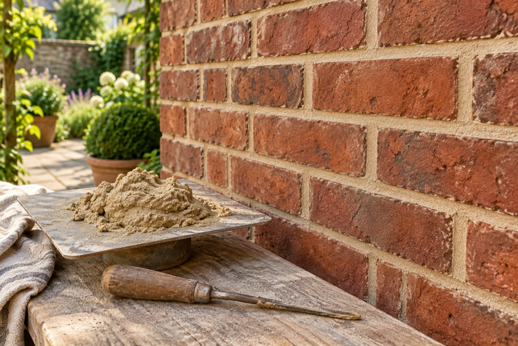 Red brick wall with renewed mortar joints and a mortar hawk and pointing tool on a workbench.
