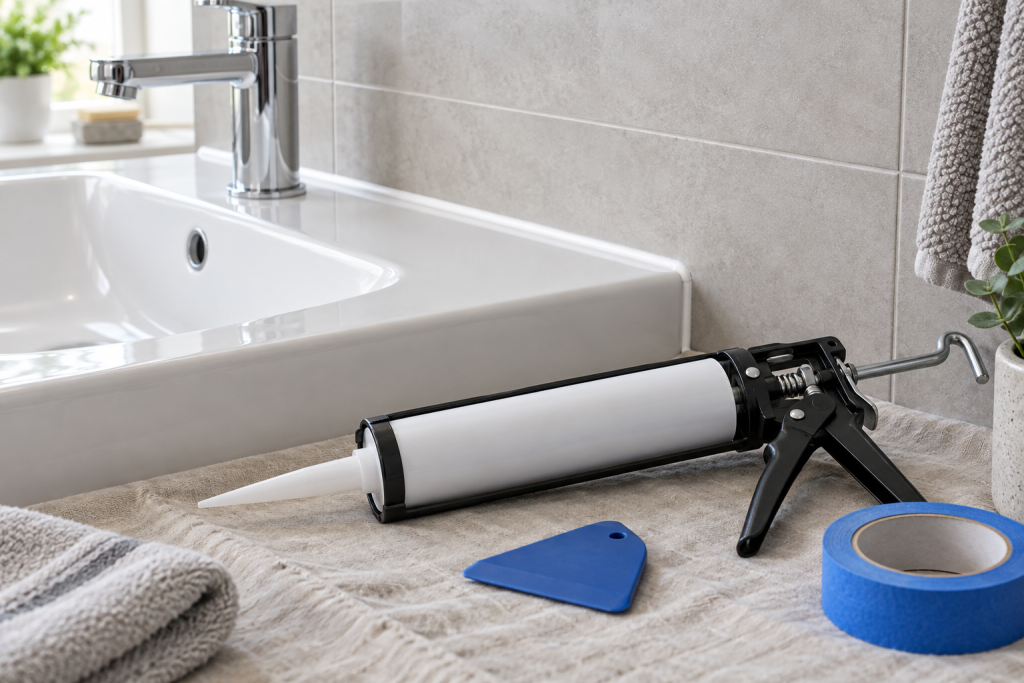 Caulking gun, silicone smoothing tool and masking tape beside a neatly sealed white basin and tiled bathroom wall.