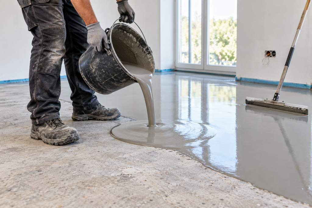 Tradesperson pouring grey self-levelling compound from a mixing bucket onto an interior concrete floor.