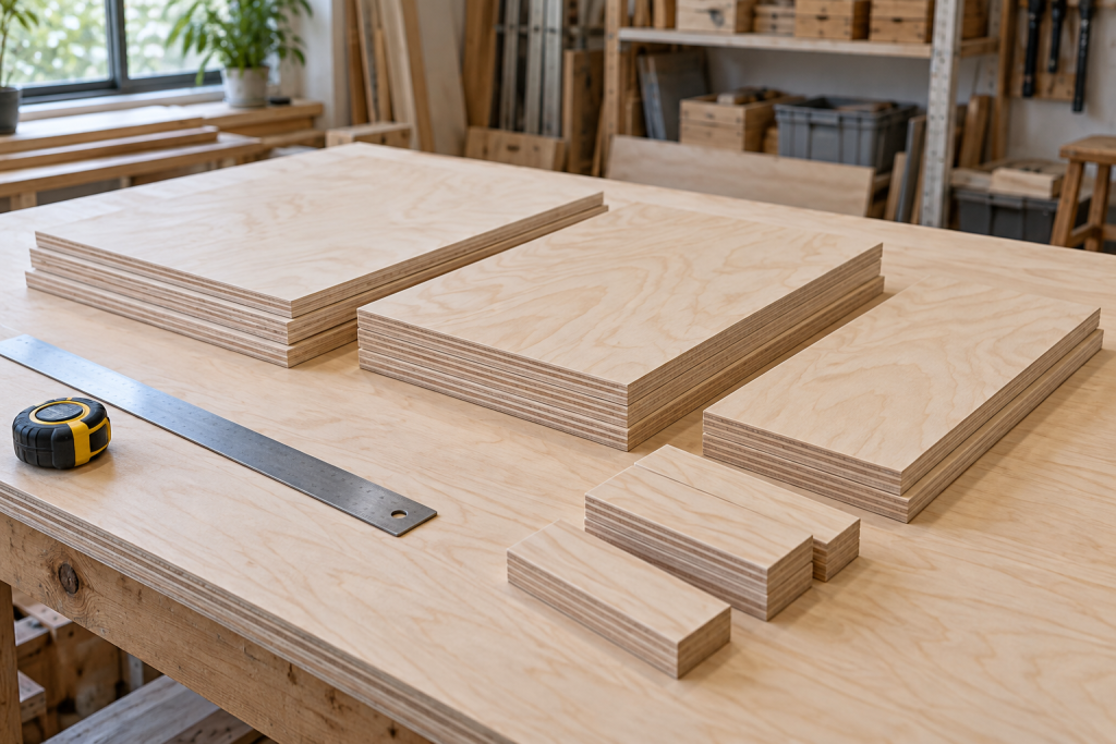 Rectangular plywood panels and offcuts arranged on a plywood workbench with a straightedge and tape measure.