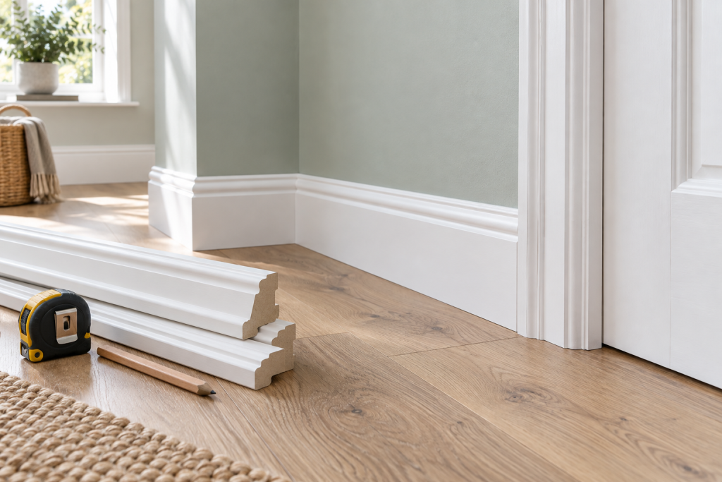 White skirting boards and door architrave in a bright room, with spare moulding lengths, a tape measure and pencil on the oak floor.
