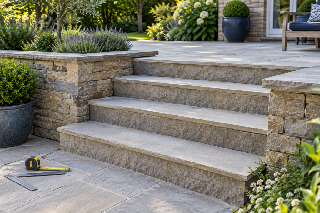 Broad straight stone garden steps between paved terraces with a tape measure and carpenter square on the lower paving.