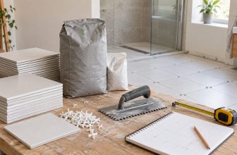 Ceramic tiles, adhesive, grout and tiling tools prepared for a home project