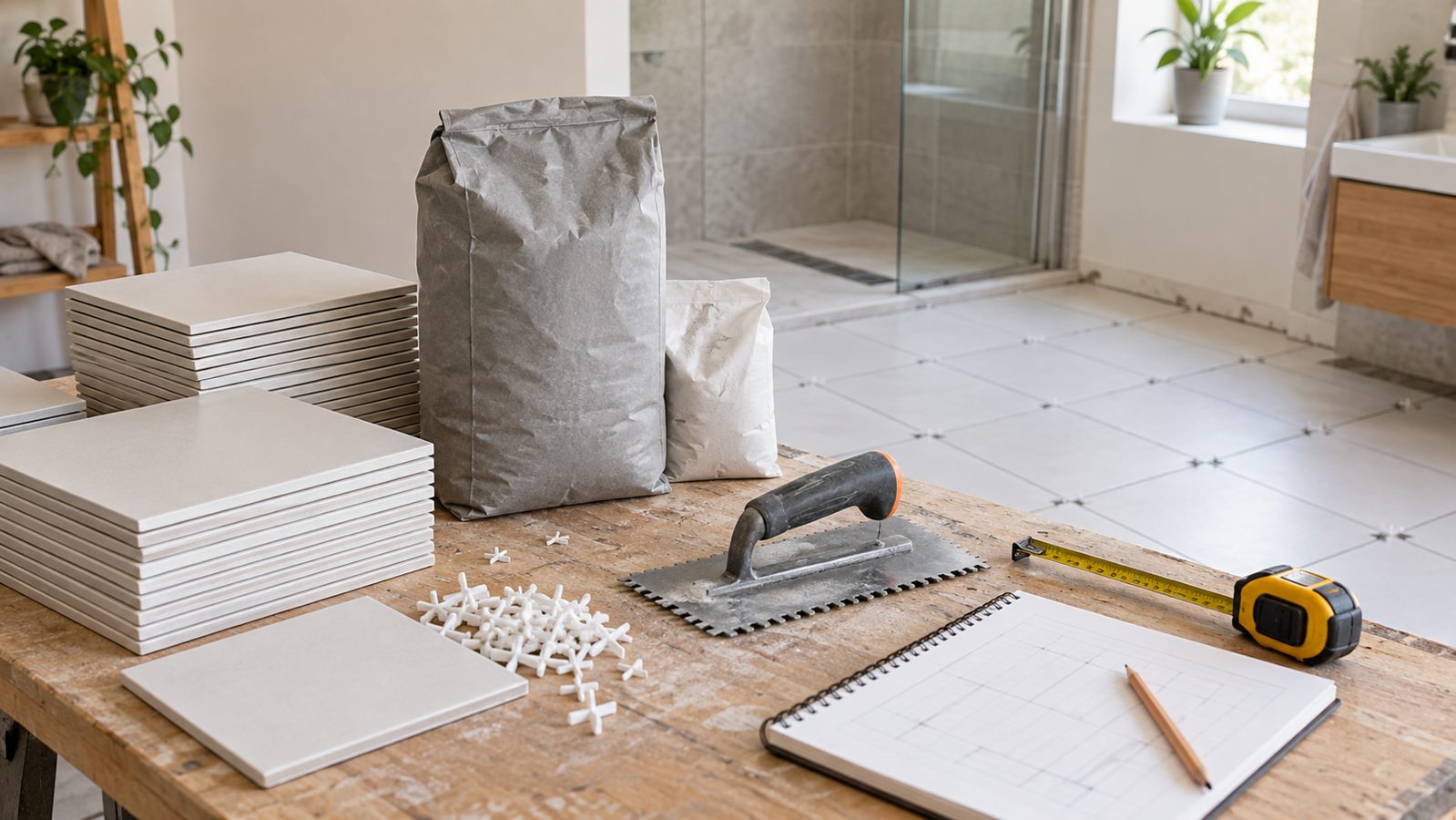 Ceramic tiles, adhesive, grout and tiling tools prepared for a home project