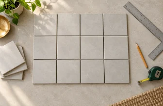 Concept illustration of square tiles dry-laid beside a framing square and tape measure
