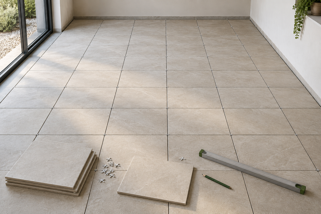 Pale rectangular floor tiles dry laid in a straight grid with spacers, loose tiles and a straightedge nearby.