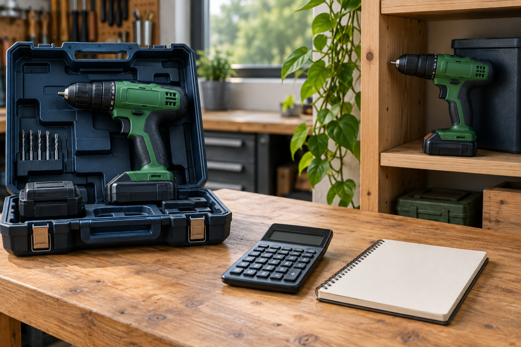 Unbranded green drills in a carrying case and on a workshop shelf beside a calculator and blank notebook.