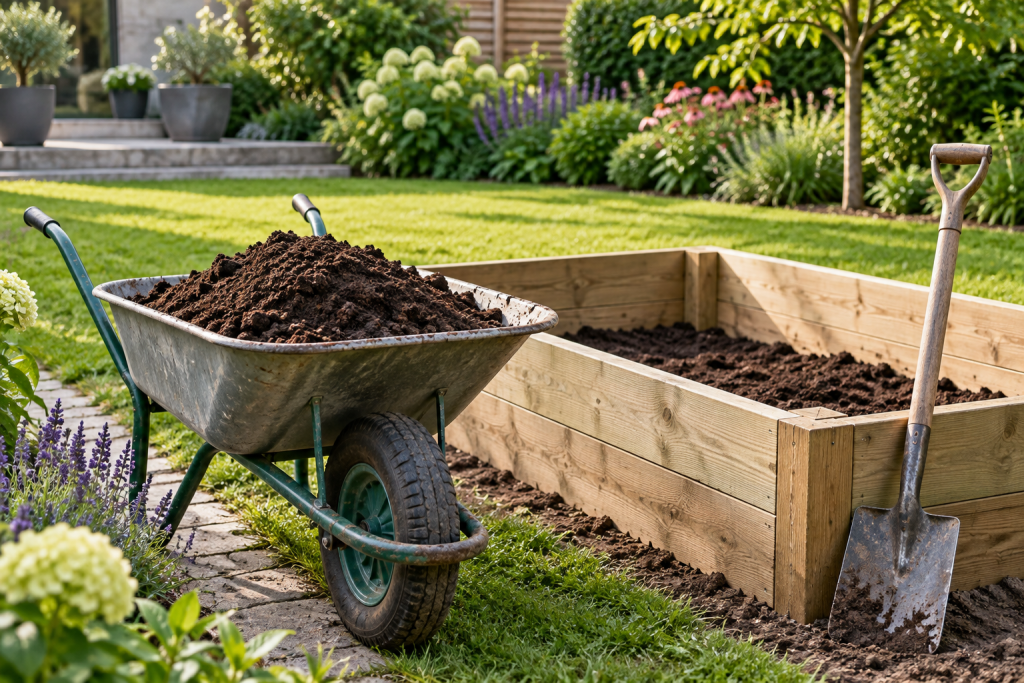 Wheelbarrow filled with crumbly topsoil beside a partially filled timber raised bed and a spade in a garden.