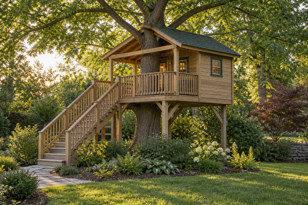 Timber treehouse with a guarded platform and stairs among mature garden trees