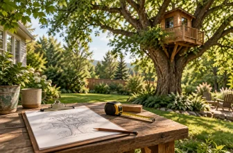 Concept illustration of a treehouse and a planning clipboard in a leafy backyard