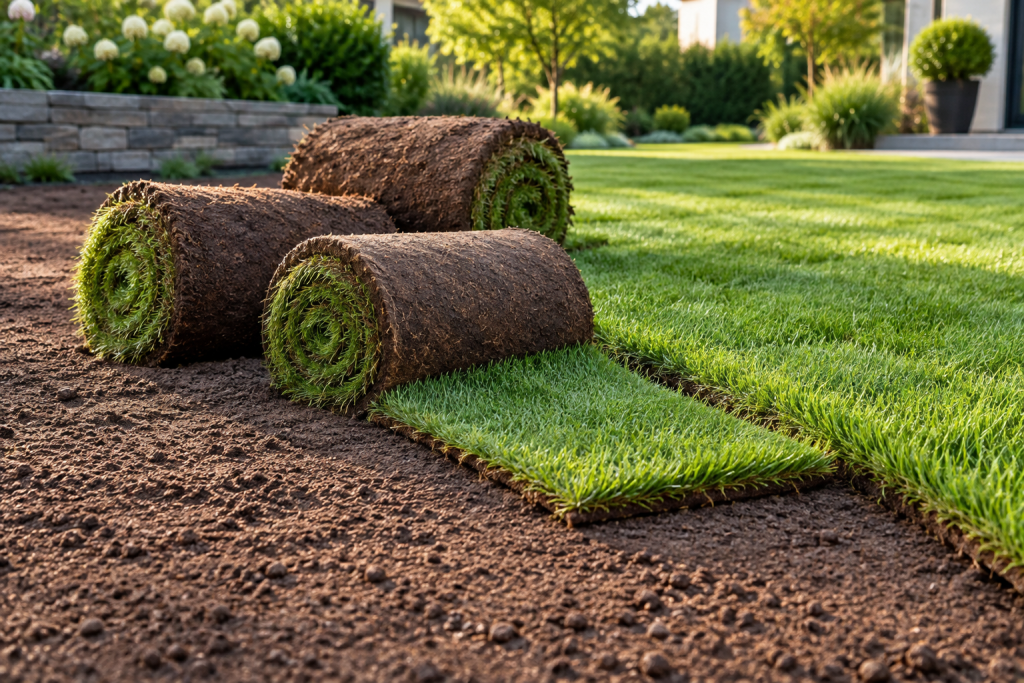 Fresh natural grass turf rolls beside a newly laid lawn and prepared soil in a landscaped garden.