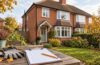 Illustration of a red-brick British home with a maintenance checklist and gloves in the foreground