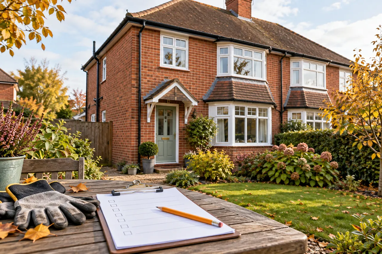 Illustration of a red-brick British home with a maintenance checklist and gloves in the foreground