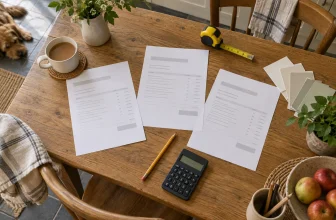 Illustration of three quotation sheets with a calculator, tape measure and decorating samples on a table