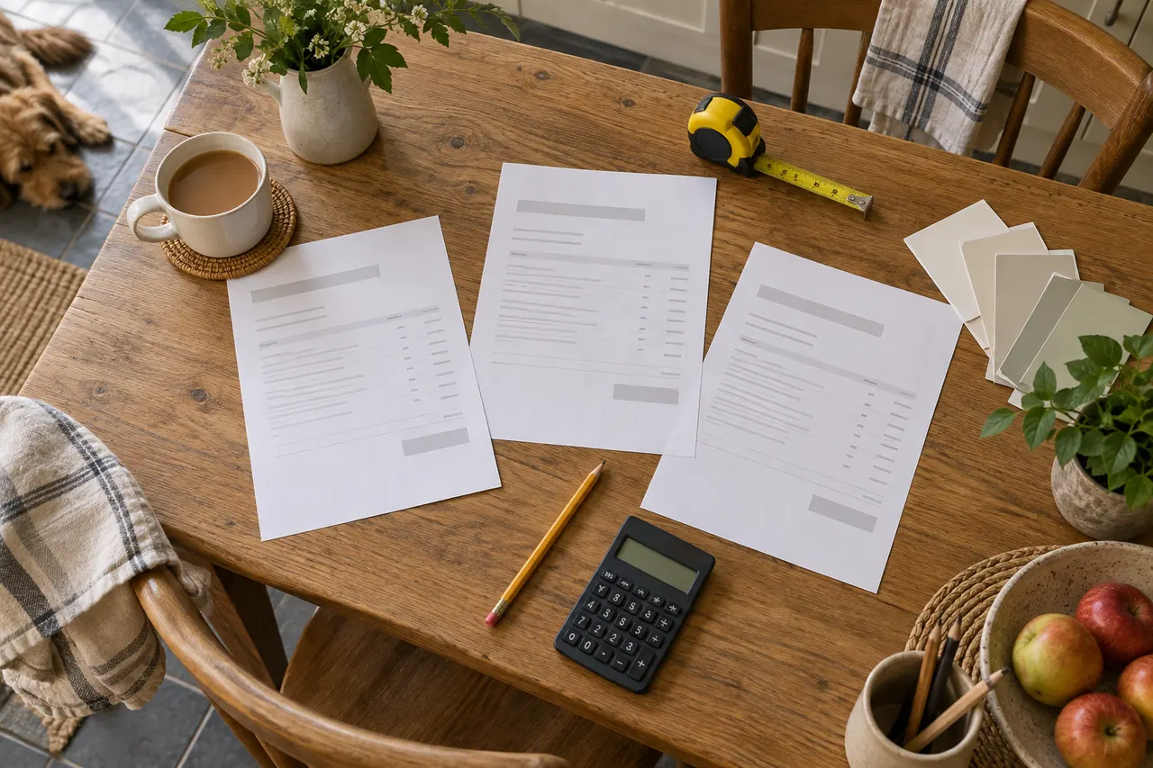 Illustration of three quotation sheets with a calculator, tape measure and decorating samples on a table