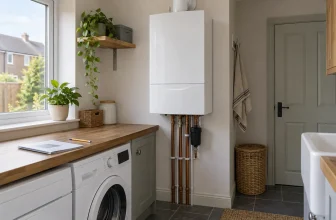 Illustration of a closed white domestic boiler in a British utility room with a service booklet on the worktop