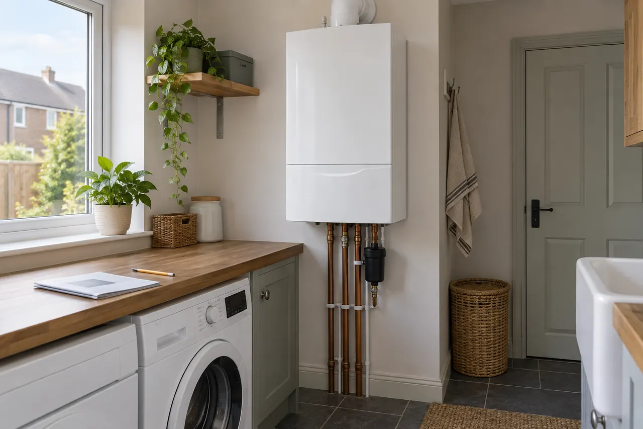 Illustration of a closed white domestic boiler in a British utility room with a service booklet on the worktop