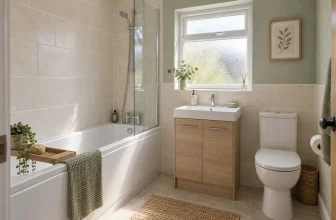 Illustration of a compact bathroom with a fitted bath, glass screen, oak vanity and white toilet
