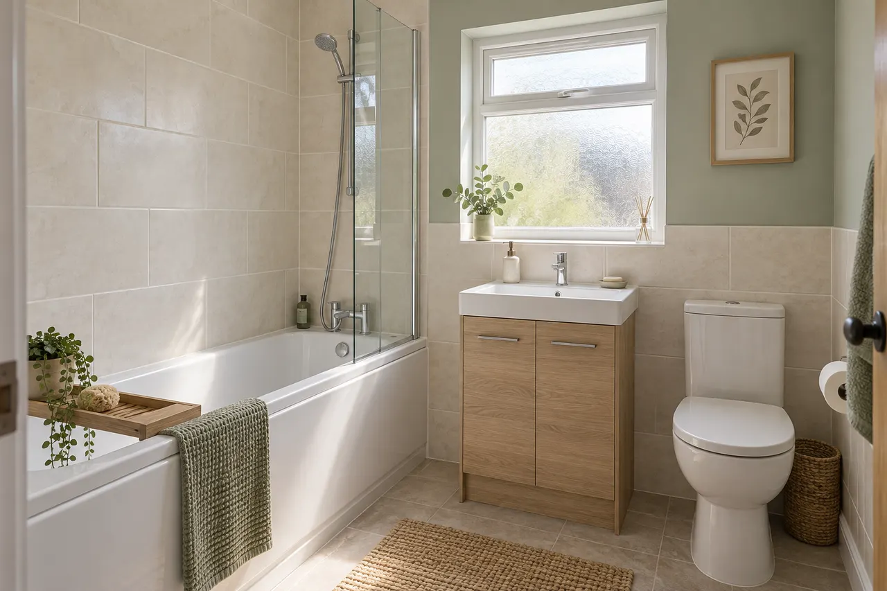 Illustration of a compact bathroom with a fitted bath, glass screen, oak vanity and white toilet