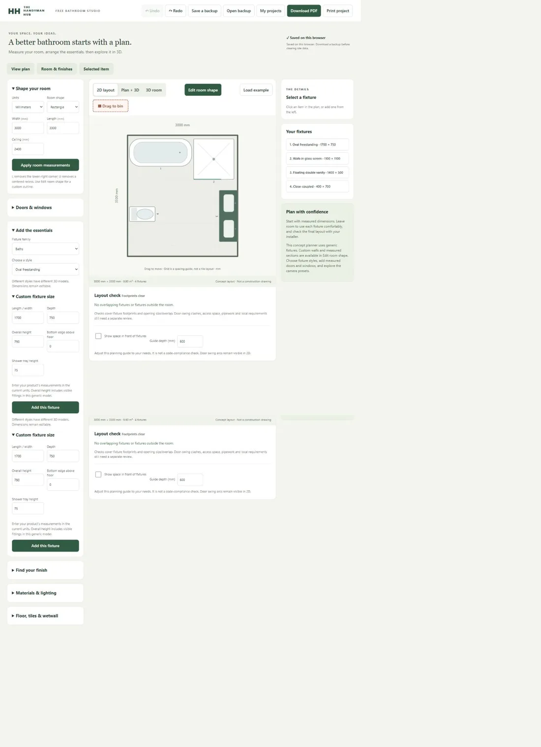 Actual bathroom planner showing room measurement fields, a 2D layout and fixture list
