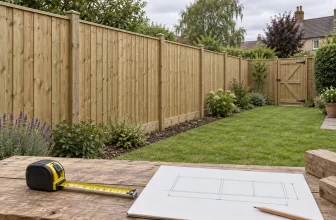 Timber fence and gate layout with tape measure and planning sketch