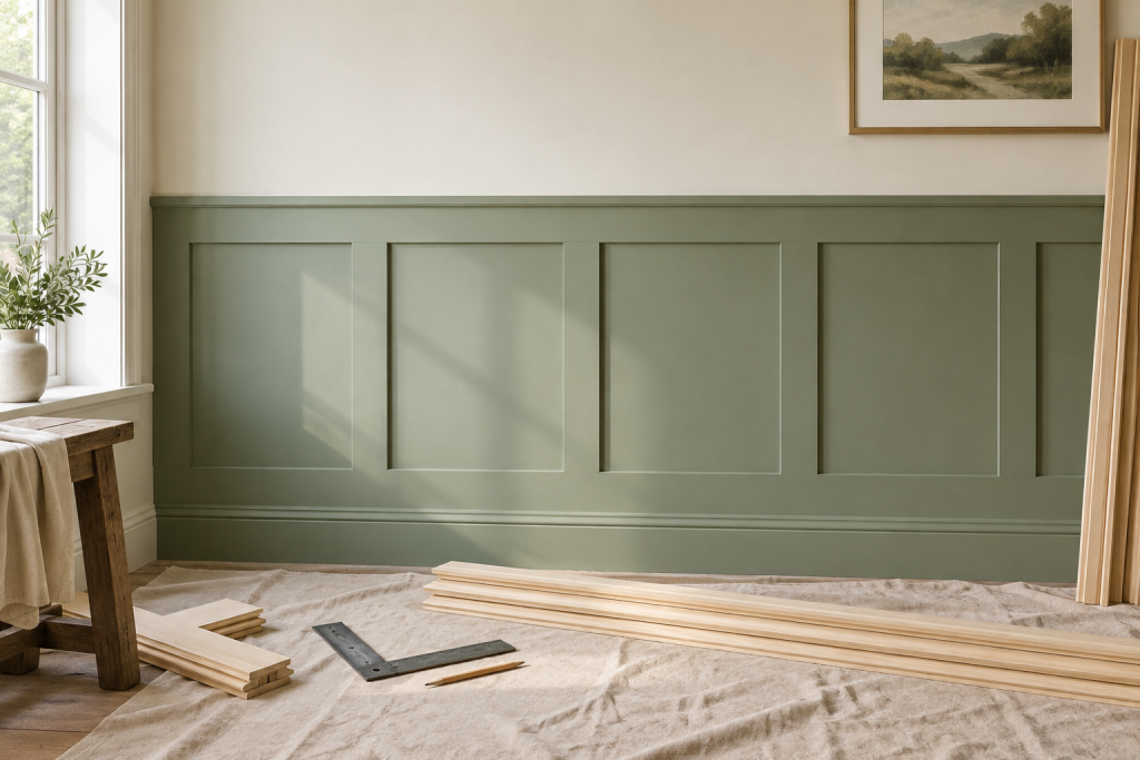 Sage green shaker-style wall panelling with timber mouldings and a carpenter’s square on a protected floor.
