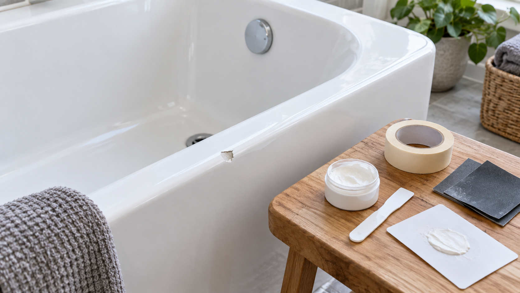 Realistic close-up of a chipped white bath surface with cosmetic repair materials and a small repair area
