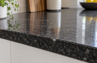 Photorealistic granite kitchen worktop with a small chip on the front edge