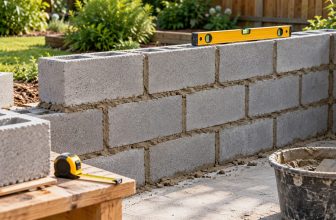 Concrete block wall with tape measure, spirit level and mortar