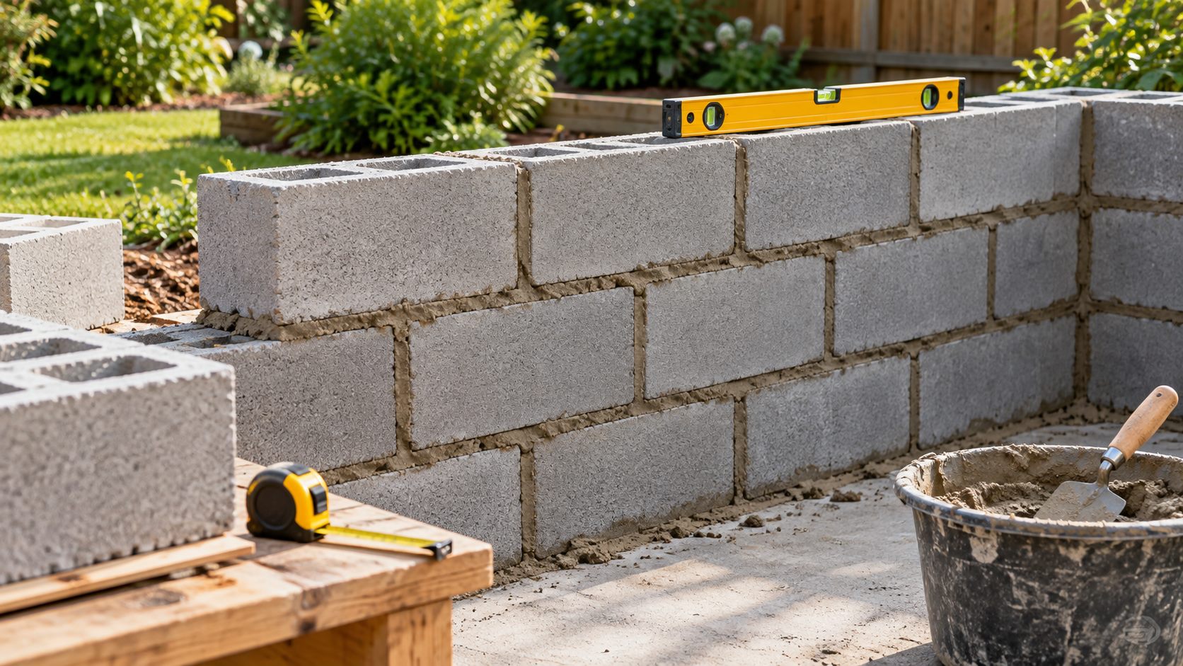 Concrete block wall with tape measure, spirit level and mortar