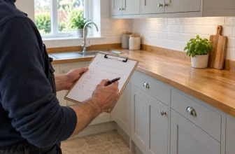 Tradesperson reviewing a completed kitchen job record with a clipboard