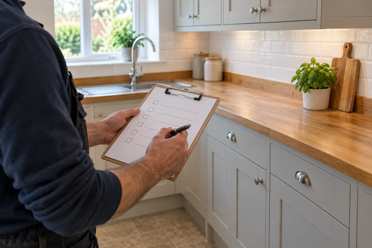 Tradesperson reviewing a completed kitchen job record with a clipboard