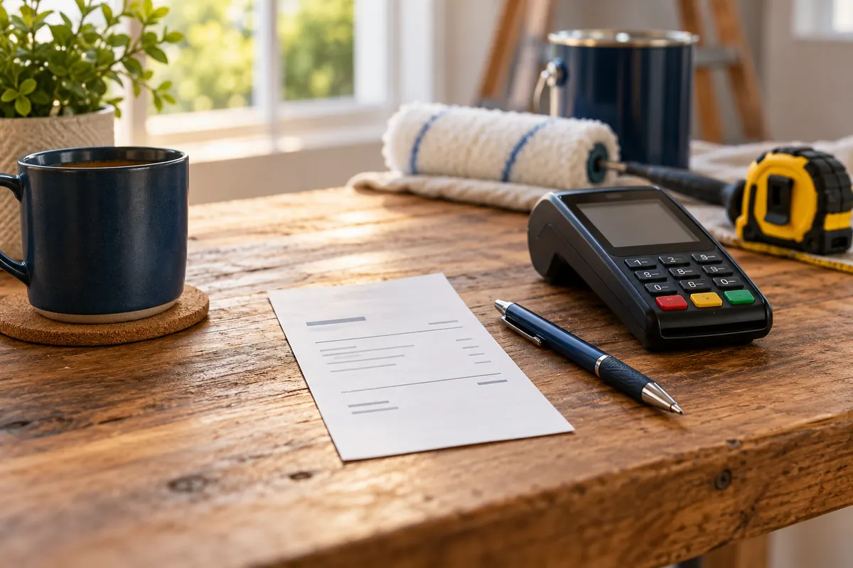 Customer receipt beside a pen and card terminal on a tradesperson’s desk