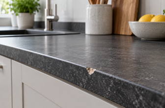 Dark granite kitchen worktop with a small chip on the front edge