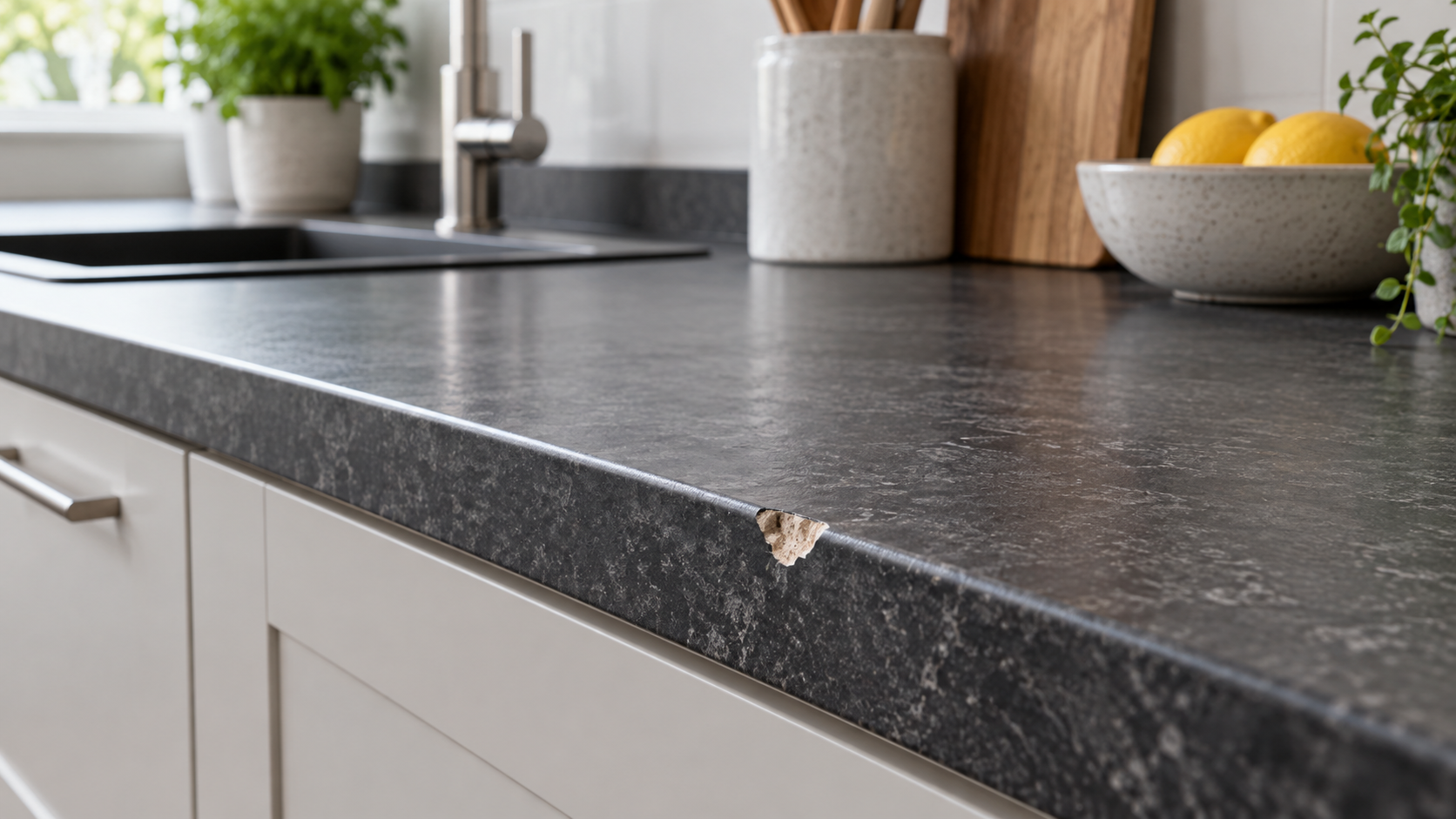 Dark granite kitchen worktop with a small chip on the front edge