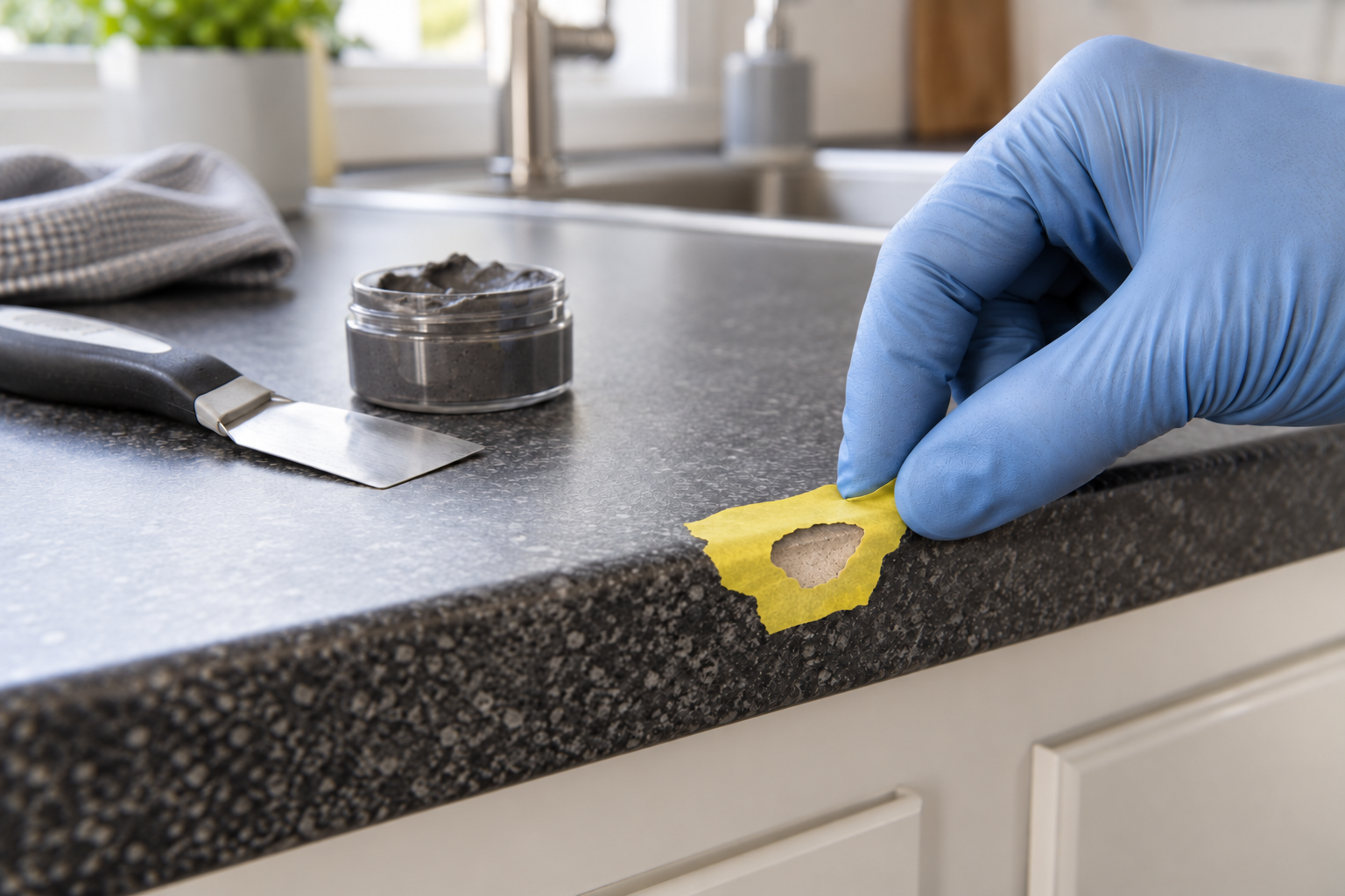 Wide yellow masking tape tracing the outline of a clean kitchen worktop chip before cosmetic repair