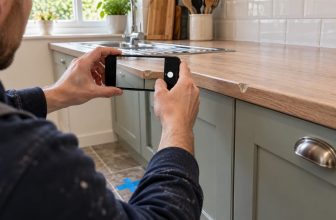 A tradesperson photographs a kitchen worktop repair with a smartphone