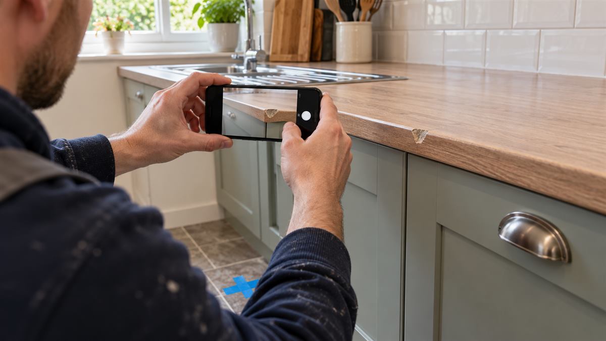 A tradesperson photographs a kitchen worktop repair with a smartphone
