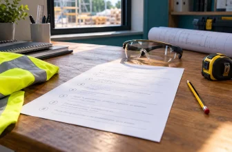 Method statement draft and trade safety equipment on a work desk
