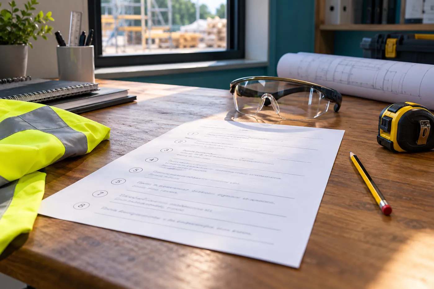 Method statement draft and trade safety equipment on a work desk