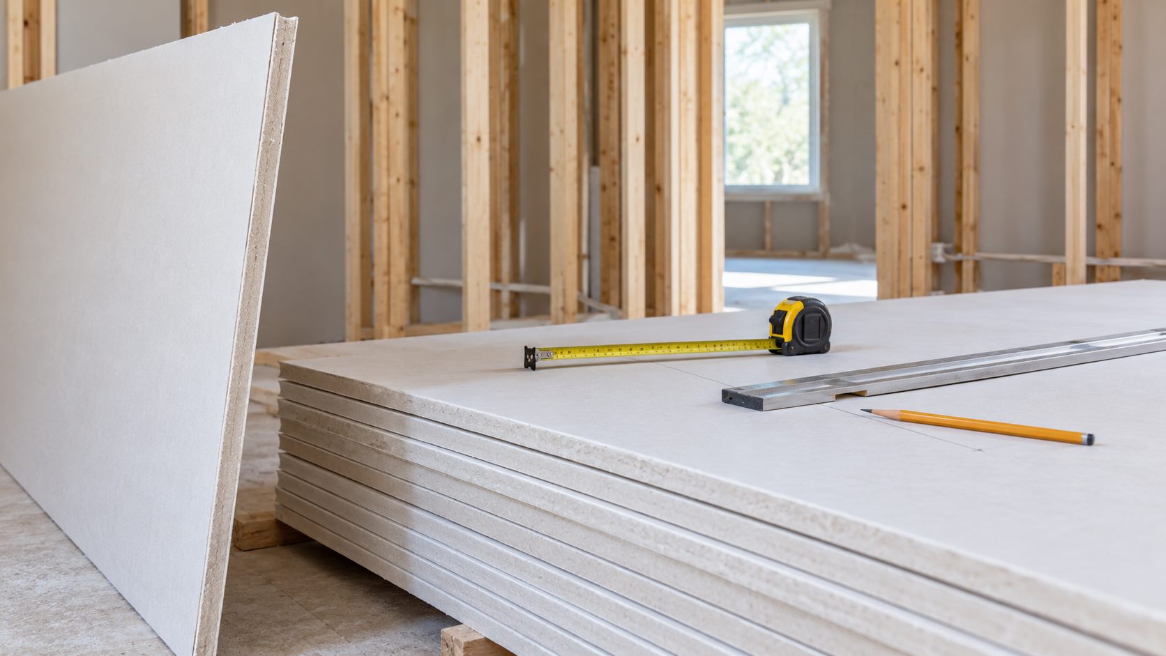 Plasterboard sheets measured with a tape measure and straightedge in a framed room
