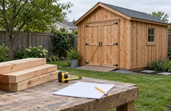 Illustrated 3D backyard shed beside its materials and cutting list