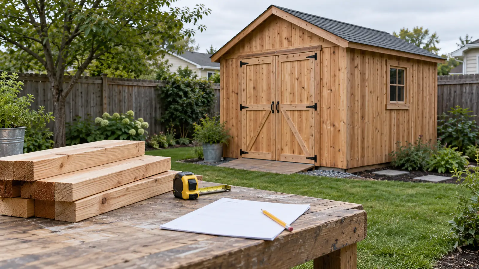 Illustrated 3D backyard shed beside its materials and cutting list