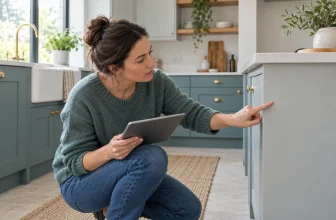 Home renovator inspecting a cabinet finish with a tablet