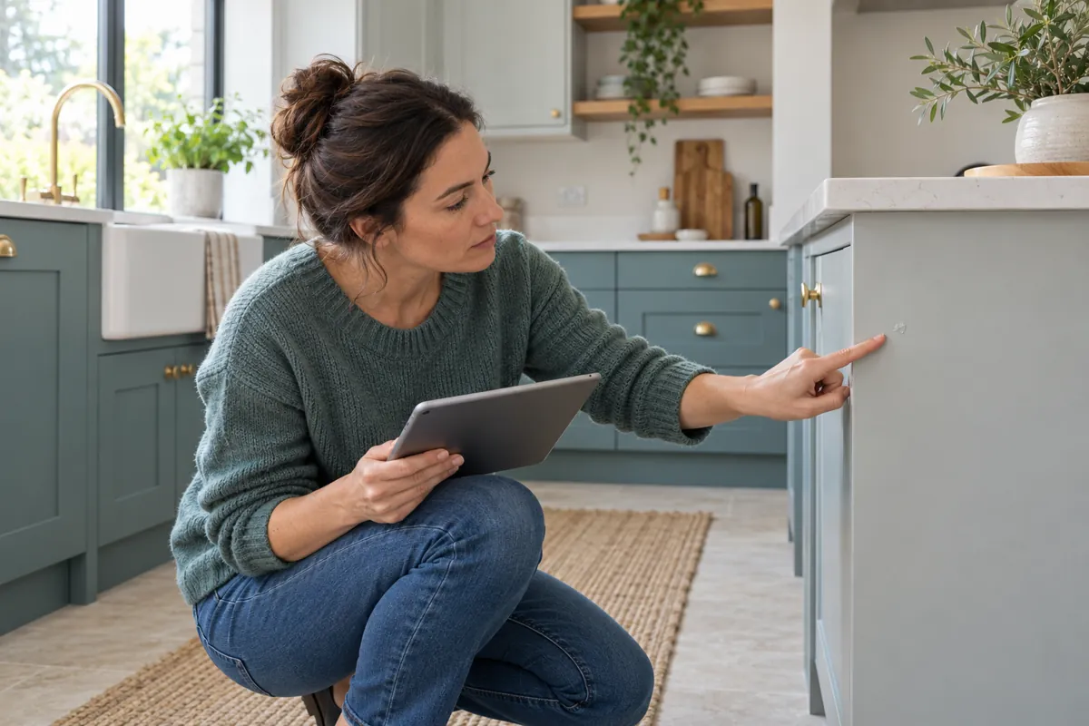 Home renovator inspecting a cabinet finish with a tablet